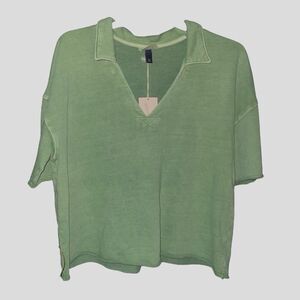 Universal Thread Size XXL Green Cropped V-neck Top Collared Short Sleeve NWT